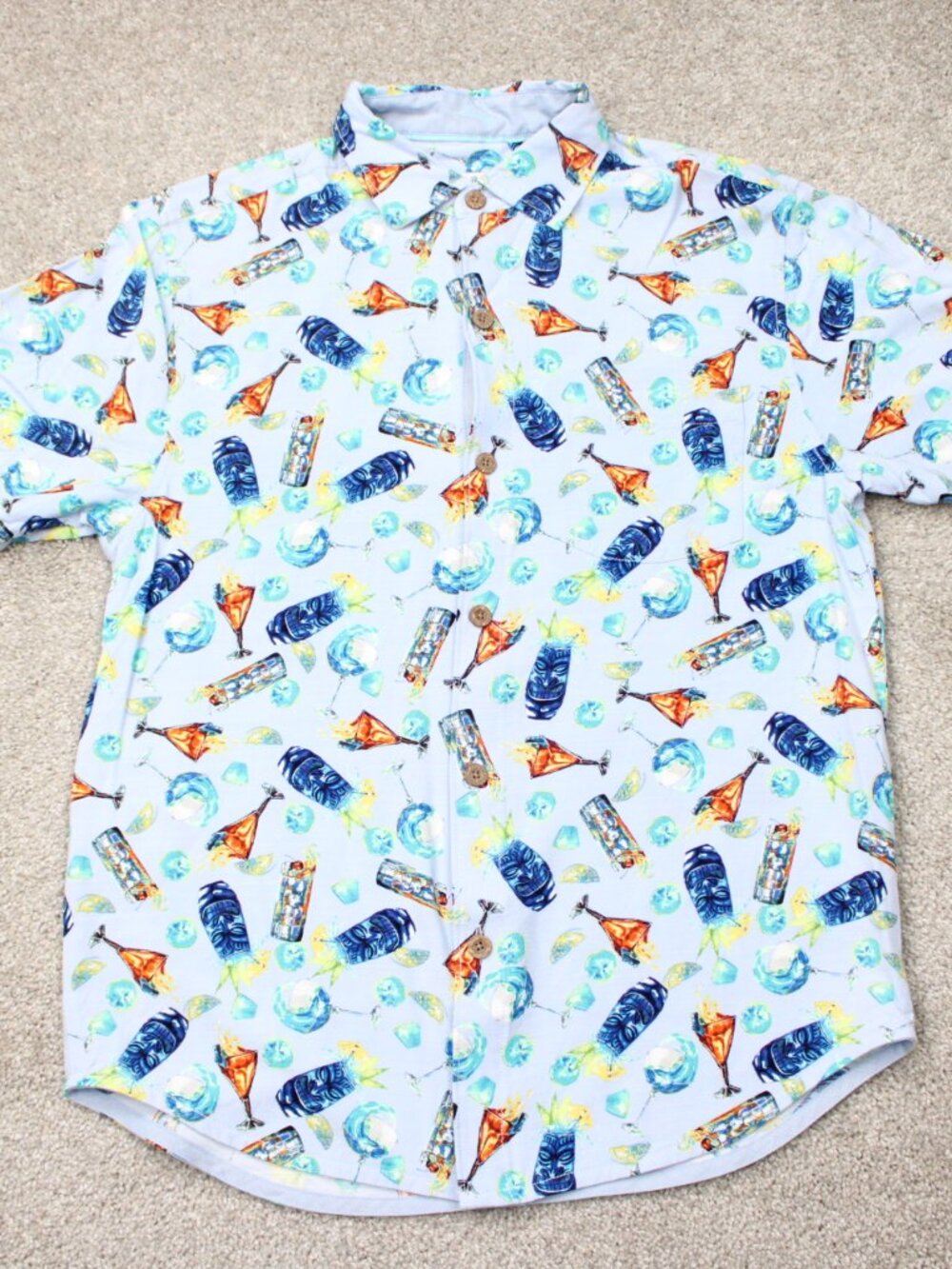 Tommy Bahama AOP Shirt Mens Small Blue Veracruz Cap Drinks All Over Print S/S